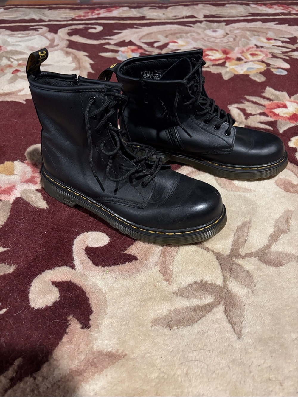 Dr. Martens Black Leather Lace-Up Boots with Yellow Heel Tabs